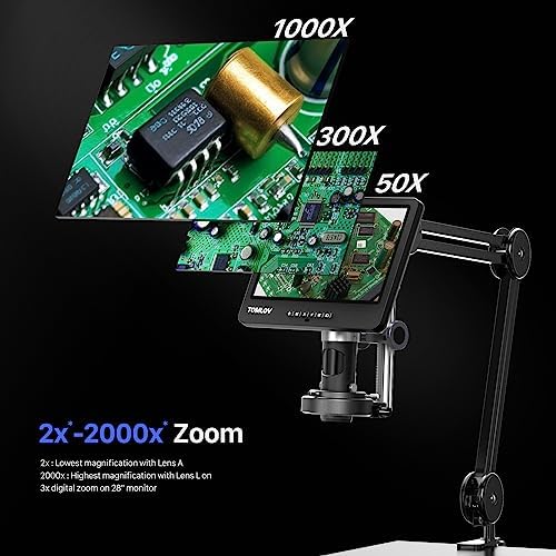 TOMLOV DM602 Flex Digital Soldering Microscope 2000x, Flexible Arm, 10.1" HDMI Microscope with 3 Lens, Coin Magnifier with Ring Light, Adults LCD Video Magnifying Glass, Electronic Repair Mat,64GB