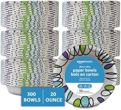 Amazon Basics Ultra Paper Bowls, 20 Oz, Disposable, 300 Count, White (6 packs of 50)