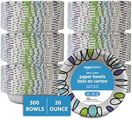 Amazon Basics Ultra Paper Bowls, 20 Oz, Disposable, 300 Count, White (6 packs of 50)