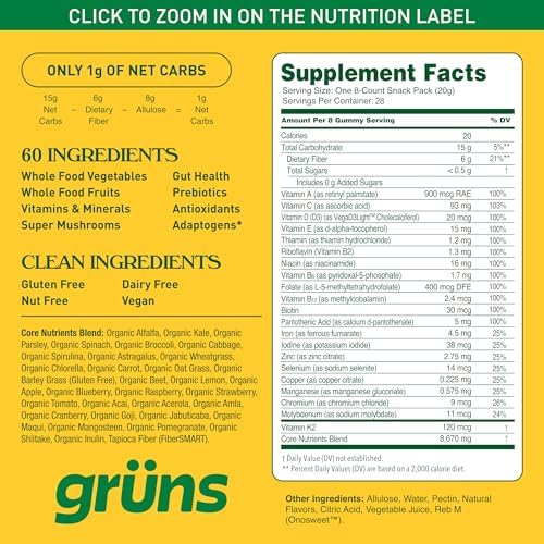 Gruns Adult Sugar-Free Super Greens Gummies, Superfood Gummy Bears with Spirulina, Chlorella, Fiber & Prebiotics for Digestive Health, Adaptogens Supplement with 20 Vitamins & Minerals, 28 Packets