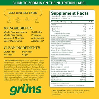Gruns Adult Sugar-Free Super Greens Gummies, Superfood Gummy Bears with Spirulina, Chlorella, Fiber & Prebiotics for Digestive Health, Adaptogens Supplement with 20 Vitamins & Minerals, 28 Packets