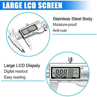 Digital Caliper Measuring Tool, Stainless Steel Vernier Caliper Digital Micrometer with Large LCD Screen, Easy Switch from Inch Metric Fraction, 6 Inch Caliper Tool for DIY/Household