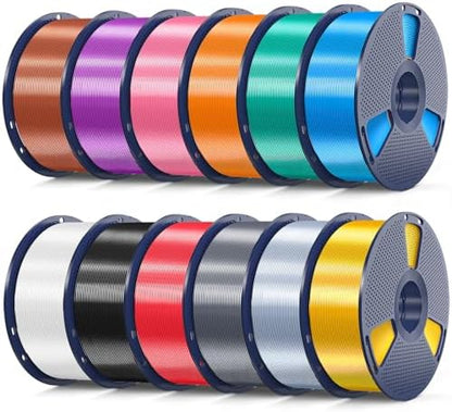 SUNLU 12KG 3D Printer Silk PLA Filament Bundle, Silk Filament 1.75mm+/- 0.02mm, 1KG Spool(2.2 LBS), Total 12KG, Light Gold+Silver+Black+White+Grey+Red+Blue+Green+Orange+Pink+Purple+Red Copper