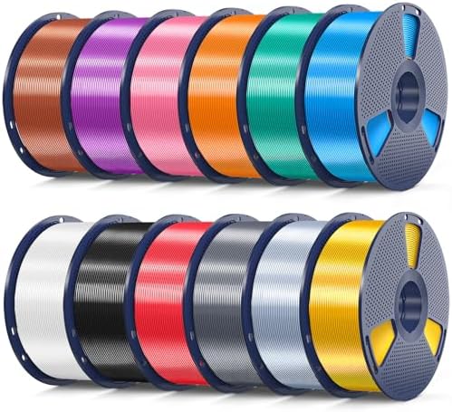 SUNLU 12KG 3D Printer Silk PLA Filament Bundle, Silk Filament 1.75mm+/- 0.02mm, 1KG Spool(2.2 LBS), Total 12KG, Light Gold+Silver+Black+White+Grey+Red+Blue+Green+Orange+Pink+Purple+Red Copper