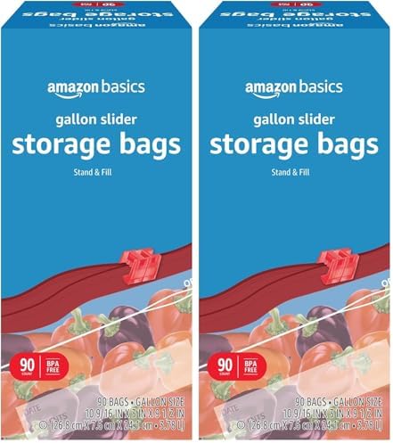 Amazon Basics Slider Gallon Food Storage Bags, Stand & Fill, 90 Count (Pack of 2)