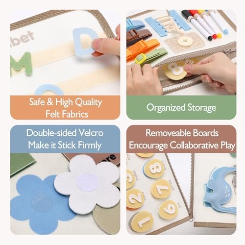 hahaland Montessori Busy Board for Toddlers Boy Toys Birthday Gift - Travel Toys - Dinosaur, Alphabet, Number, Shape, Drawing, Life Skills