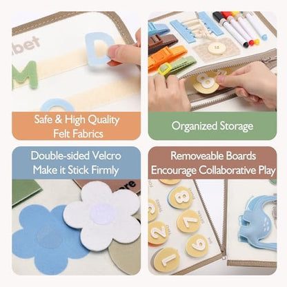 hahaland Montessori Busy Board for Toddlers Boy Toys Birthday Gift - Travel Toys - Dinosaur, Alphabet, Number, Shape, Drawing, Life Skills