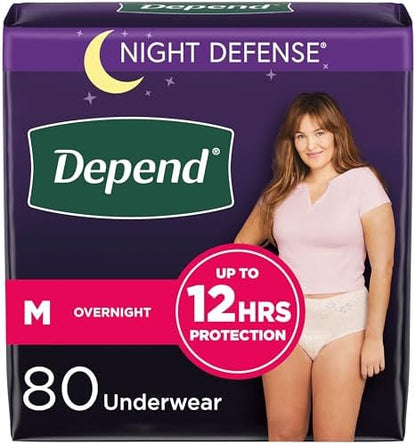 Depend Night Defense Adult Incontinence & Postpartum Bladder Leak Underwear for Women, Disposable, Overnight, Medium, Blush, 80 Count, Packaging May Vary