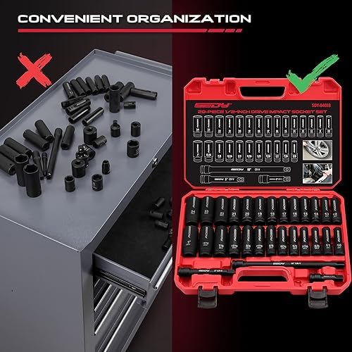29-Piece 1/2" Drive Impact Socket Set, SAE (3/8 to 1 inch) and Metric (10-24mm) Sizes with Extension Bars Standard Deep Socket Set CR-V Material High Durability Impact Wrench