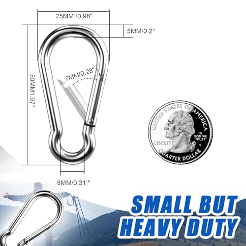 Small Carabiner Clip Hooks, 25pcs 1.97 inch Carabiners Heavy Duty, 304 Stainless Steel Spring Snap Hook Fits Camping Hiking, Metal Clips for Rope Chain Keys Rings