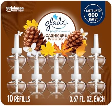 Glade PlugIns Refills Air Freshener, Scented and Essential Oils for Home and Bathroom, Cashmere Woods, 6.7 Fl Oz, 10 Count (Packaging May Vary)