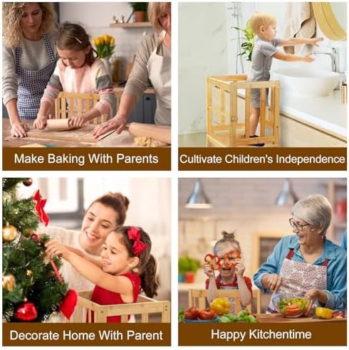 COSYLAND Kids Kitchen Step Stool，Toddler Standing Tower with CPC Certification, Removable Anti-Drop Railing Safety Rail Enjoys Unique Patented Design A Anti-tip Structure More Stable, Natural Bamboo
