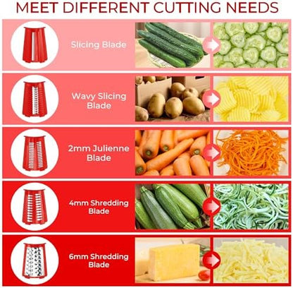 SUSTEAS Rotary Cheese Grater with Handle - Vegetable Shredder with 5 Well-designed Blades & Strong Suction Base,Round Mandoline Slicer & Food Chopper for Kitchen,with Blade Storage Box(Red)