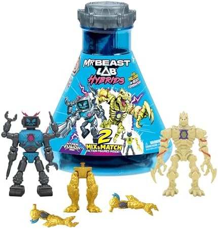 MRBEAST LAB Hybrids Multi Pack, Reveal Different Hybrid Parts to Create 2 Mix & Match Action Figures, Plus Parts of The Golden Panther Dragon, Fuse Beast Combinations, Lab-Bot vs GID Skeleton