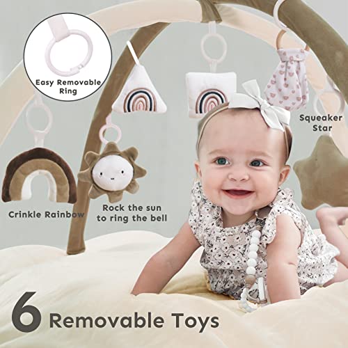 5-in-1 Thick & Plush Baby Play Gym, Baby Play Mats for Floor, Tummy Time Mat with 6 Toys, Cat Bed, Dog Bed, Convertible Stage-Based Developmental from Babies to Toddler, Ball Pit, Pet Cushion, Brown