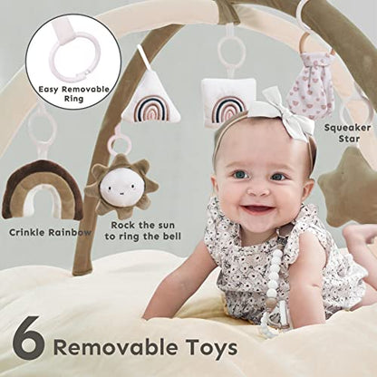 5-in-1 Thick & Plush Baby Play Gym, Baby Play Mats for Floor, Tummy Time Mat with 6 Toys, Cat Bed, Dog Bed, Convertible Stage-Based Developmental from Babies to Toddler, Ball Pit, Pet Cushion, Brown