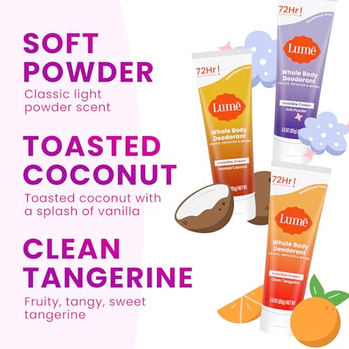 Lume Whole Body Deodorant - Invisible Cream Tube - 72 Hour Odor Control - Aluminum Free, Baking Soda Free, Skin Safe - 3.0 ounce (Pack of 3) (Toasted Coconut, Soft Powder & Clean Tangerine)