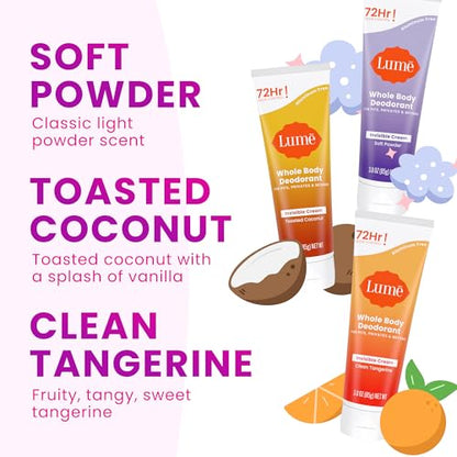 Lume Whole Body Deodorant - Invisible Cream Tube - 72 Hour Odor Control - Aluminum Free, Baking Soda Free, Skin Safe - 3.0 ounce (Pack of 3) (Toasted Coconut, Soft Powder & Clean Tangerine)