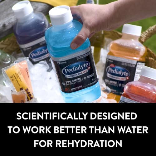 Pedialyte AdvancedCare Plus Electrolyte Hydration Drink, Has 33% More Electrolytes and Has PreActiv Prebiotics, Iced Grape, 1 Liter, Pack of 4
