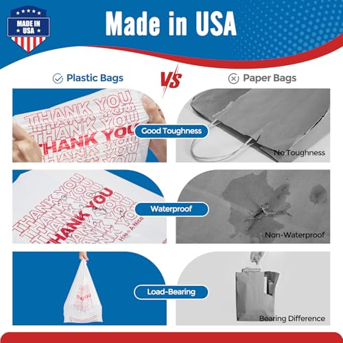 Fuxury 1000 Count Thank You Plastic Bags (12" x 6.5" x 21") White, T-shirt, Grocery, Take Out, To Go, Retail Shopping Bags in Bulk (Made in USA)