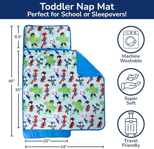 Jay Franco Toddler Nap Mat with Built-in Pillow and Blanket - Soft 46 x 20-inch Microfiber Kids Sleeping Bag for School or Sleepover, Blue - Spidey & His Amazing Friends
