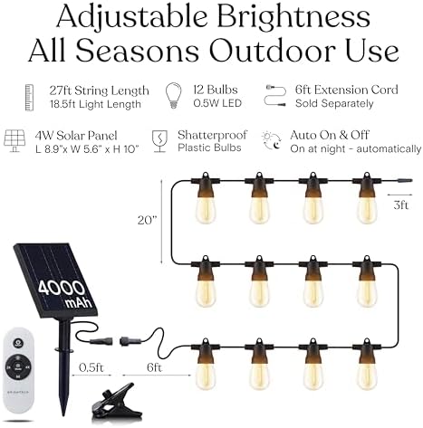 Brightech Ambience Pro Super Bright Solar - 27Ft Remote Control Outdoor String Lights with 12 Shatterproof S14 Bulbs, Commercial Grade LED, Waterproof Patio Lights, 4W Soft White for Patios, Gardens