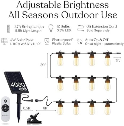 Brightech Ambience Pro Super Bright Solar - 27Ft Remote Control Outdoor String Lights with 12 Shatterproof S14 Bulbs, Commercial Grade LED, Waterproof Patio Lights, 4W Soft White for Patios, Gardens