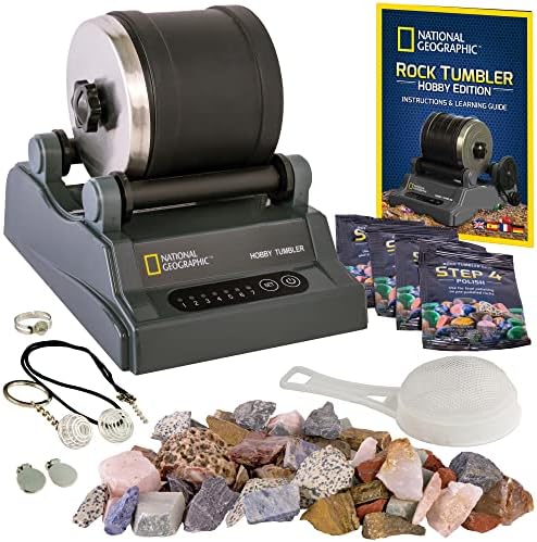 Blue Marble National Geographic Rock Tumbler Kit – Hobby Edition Includes Rough Gemstones, and 4 Polishing Grits, Great STEM Science Kit for Geology Enthusiasts, Rock Polisher for Kids and Adults