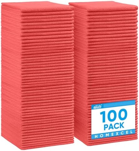 HOMEXCEL Red Microfiber Cleaning Cloth, 100 Pack Cleaning Towels for Kitchen, Lint Free, Scratch-Free, Highly Absorbent, and Reusable Cleaning Rags for House, Window and Glass, Cars, 11.5 X11.5 inch