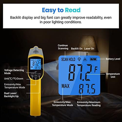 Etekcity Infrared Thermometer 1025D (Not for Human) Dual Laser Temperature Gun-58℉~1022℉ (-50℃~550℃) with Adjustable Emissivity, Non-Contact Voltage Tester (NCV), Standard Size, Yellow & Gray