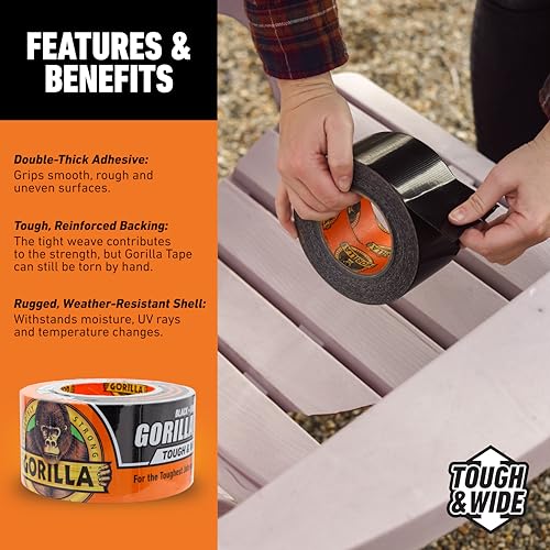 Gorilla Tape Tough & Wide, Black Tape, 2.88" x 25 yd (Pack of 4) - Heavy Duty and Weather Resistant for Indoor or Outdoor