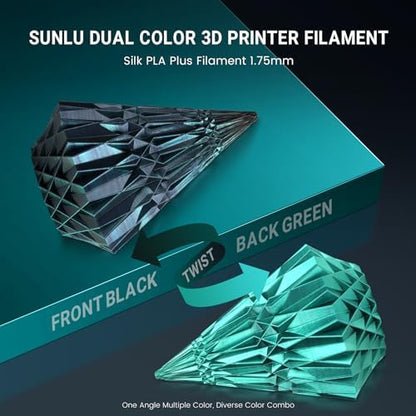 SUNLU Silk Dual Color Pla Filament, Silk PLA 3D Printer Filament 1.75mm, Shiny Silk Texture, Dimensional Accuracy +/- 0.02mm, 1KG Spool (2.2 lbs), PLA Silk Dual Color (Black Green)