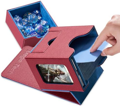 Card Deck Box for MTG Commander - Patented Design, Commander Display, Fits 100 Double-Sleeved Cards, 35pt Card Brick & Dice Tray - Red/Blue