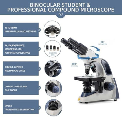 SWIFT SW380B Compound Binocular Microscope 40X-2500X, with 5MP USB Camera,Microscope Lens Adapter and 100 PCS Slide Kit
