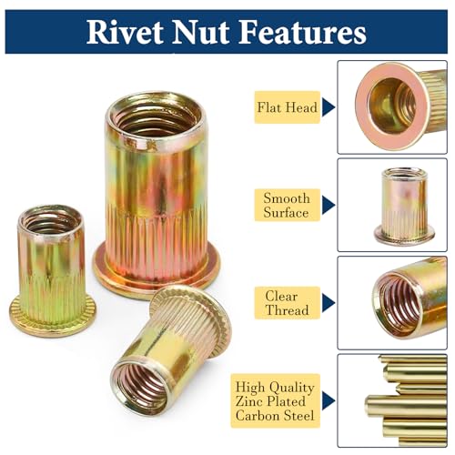 Metric Rivet Nut Assortment Kit(230 Pcs), M3 M4 M5 M6 M8 M10 M12 Flat Head Rivnut Set,Zinc Plated Finish Carbon Steel Nutsert
