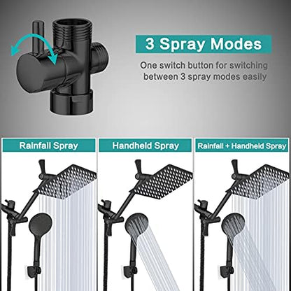 Shower Head, 8‘’ High Pressure Rainfall/Handheld Shower Combo with 11'' Extension Arm, 9 Settings, Anti-leak Shower Head with Holder, Height/Angle Adjustable, Chrome, Matte Black