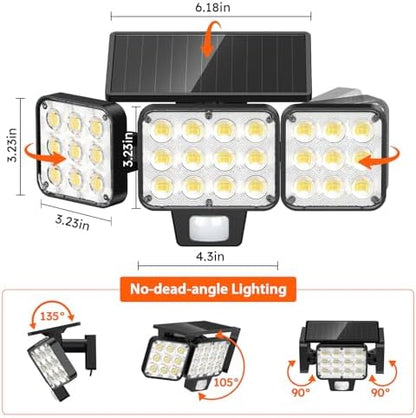 WdtPro 2025 Solar Lights Outdoor Flood Light, 3500LM Bright Motion Sensor Outdoor Lights, 3 Heads & Upgrade Glass Panel, LED Solar Powered Security Light Spotlights Waterproof for Outside Yard-2Pack