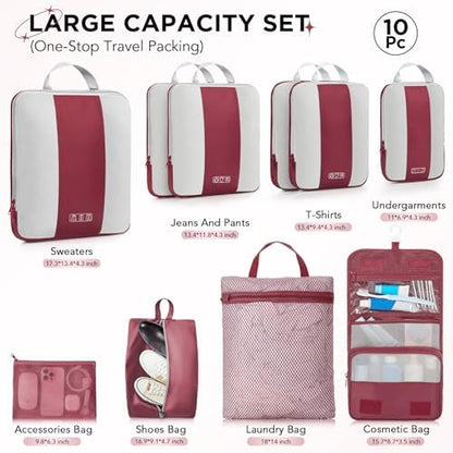10 Set Compression Packing Cubes for Travel Essentials,Compressible Expandable Packing Cubes for Suitcase,OlarHike Luggage Organizer Bags for Travel,Handy Helper for Organizing Clothes(Wine Red)