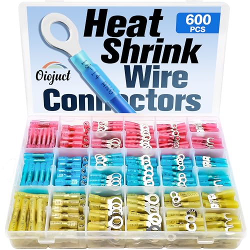 600Pcs Heat Shrink Wire Connectors Electrical Kit - Oiojuct Marine Automotive Crimp Terminals Assortment, Waterproof Ring Fork Spade Electrical Butt Connector
