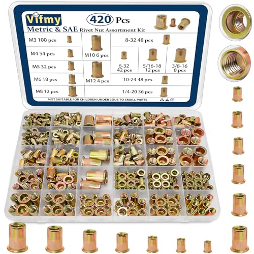 Metric & SAE Rivet Nut Assortment Kit(420 Pcs),m3 m4 m5 m6 m8 m10 m12#6-32#8-32#10-24 1/4"-20 5/16"-18 3/8"-16 UNC Flat Head Rivnut Set,Zinc Plated Finish Carbon Steel Nutsert