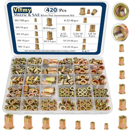 Metric & SAE Rivet Nut Assortment Kit(420 Pcs),m3 m4 m5 m6 m8 m10 m12#6-32#8-32#10-24 1/4"-20 5/16"-18 3/8"-16 UNC Flat Head Rivnut Set,Zinc Plated Finish Carbon Steel Nutsert