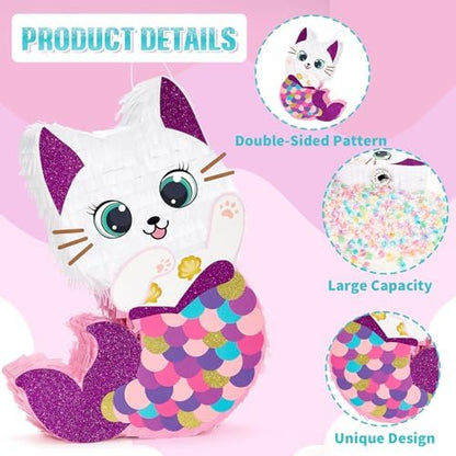 WERNNSAI Cat Piñata - Kitten Mermaid Birthday Party Decorations Kids Mermaid Pinata with Blindfold and Bat for Girls Summer Under the Sea Birthday Party Supplies Game Set