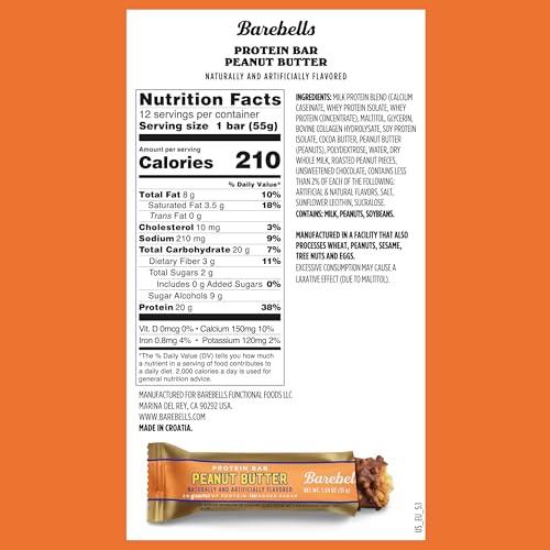 Barebells Protein Bars Peanut Butter - 12 Count, 20g High Protein Treats - Chocolate Nutrition Bar with 1g Total Sugars - On-The-Go Breakfast or Post-Workout Snack