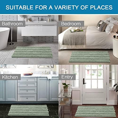 H.VERSAILTEX Sage Bathroom Rugs, Bath Mat Set of 2 Extra Thick Chenille Striped Pattern Shaggy Bath Rugs for Bath Room, Non Skid Bath Mats for Bathroom Floor (32 x 20 Plus 24 x 17 - Inches)