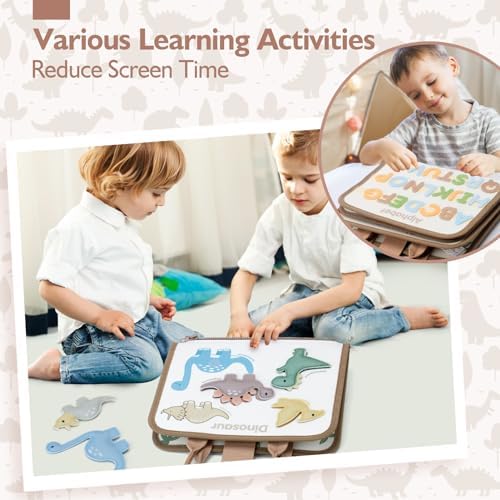 hahaland Montessori Busy Board for Toddlers Boy Toys Birthday Gift - Travel Toys - Dinosaur, Alphabet, Number, Shape, Drawing, Life Skills