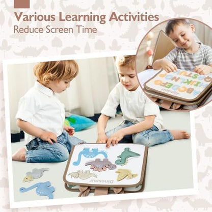 hahaland Montessori Busy Board for Toddlers Boy Toys Birthday Gift - Travel Toys - Dinosaur, Alphabet, Number, Shape, Drawing, Life Skills