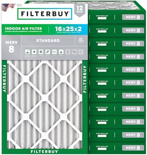 Filterbuy 16x25x2 Air Filter MERV 8 Dust Defense (12-Pack), Pleated HVAC AC Furnace Air Filters Replacement (Actual Size: 15.50 x 24.50 x 1.75 Inches)