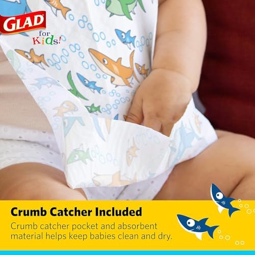 Glad for Kids Shark Paper Disposable Bibs with Crumb Catcher for Feeding - Absorbent and Leakproof Eating and Travel Must Haves for Mess-Free Meals, 30 Count - 24 Pack