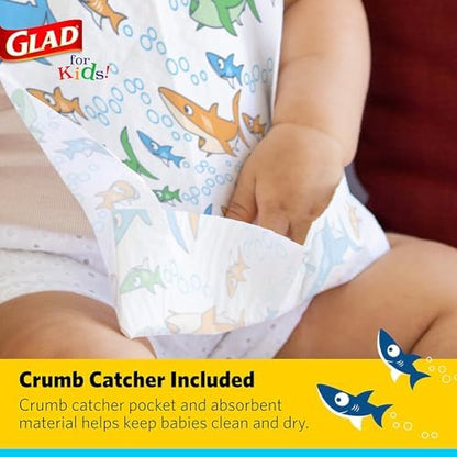 Glad for Kids Shark Paper Disposable Bibs with Crumb Catcher for Feeding - Absorbent and Leakproof Eating and Travel Must Haves for Mess-Free Meals, 30 Count - 24 Pack