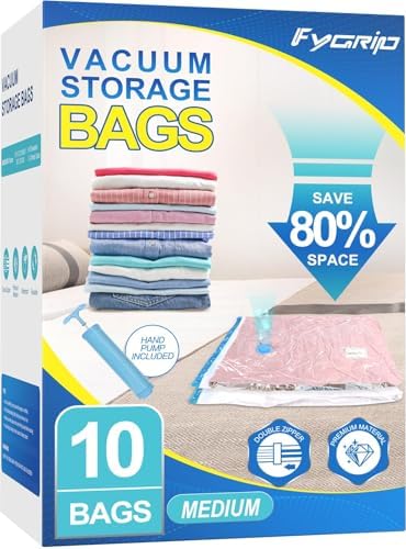 10 Pack Medium Vacuum Storage Bags with Hand Pump, Plastic Packaging Bags, 80% Space Saver Vacuum Seal Bags for Clothing, Travel Lugggage, Blankets, Comforters